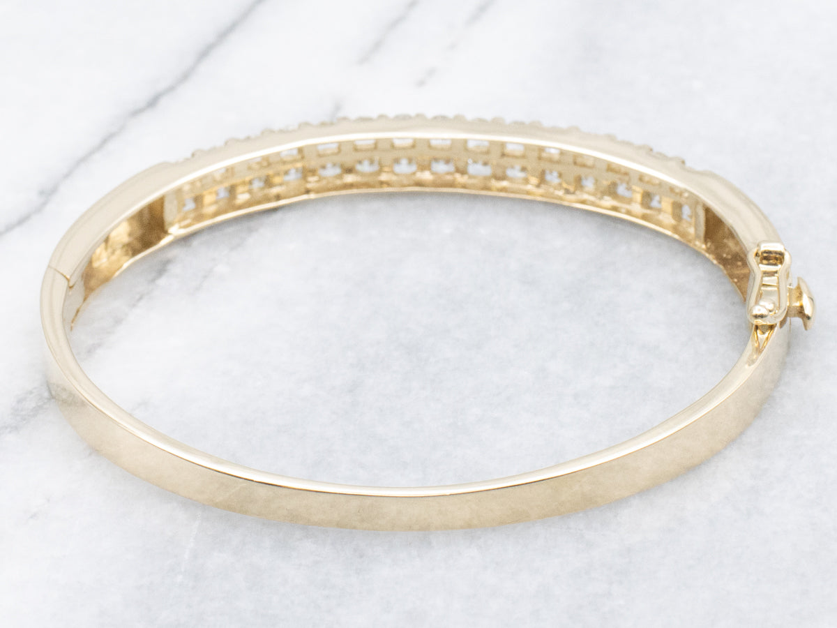 Bar-Set Diamond Yellow Gold Hinged Bangle Bracelet