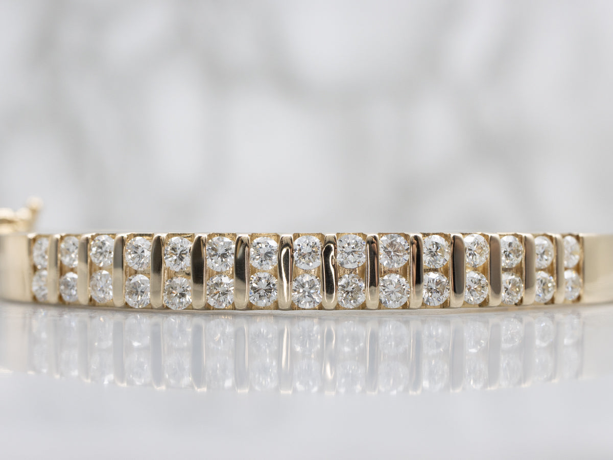 Bar-Set Diamond Yellow Gold Hinged Bangle Bracelet