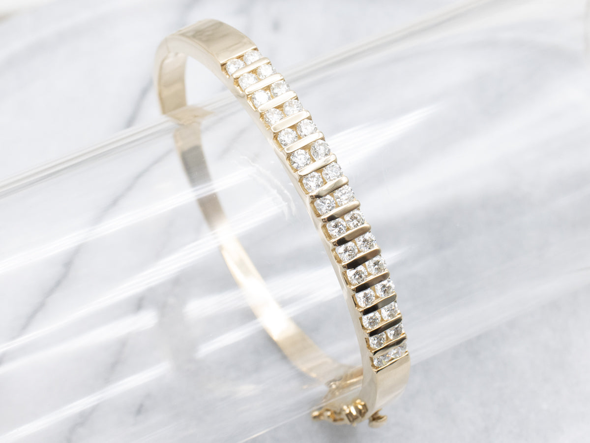 Bar-Set Diamond Yellow Gold Hinged Bangle Bracelet