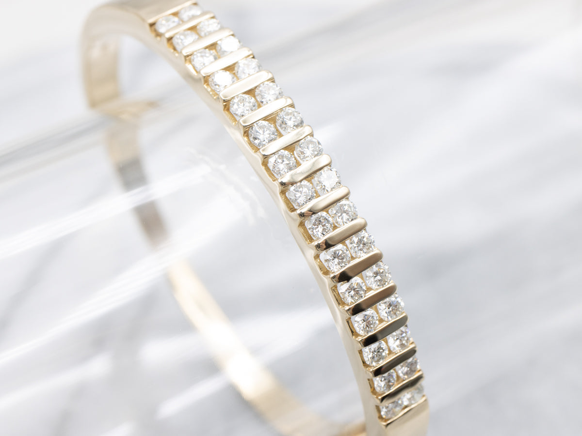 Bar-Set Diamond Yellow Gold Hinged Bangle Bracelet