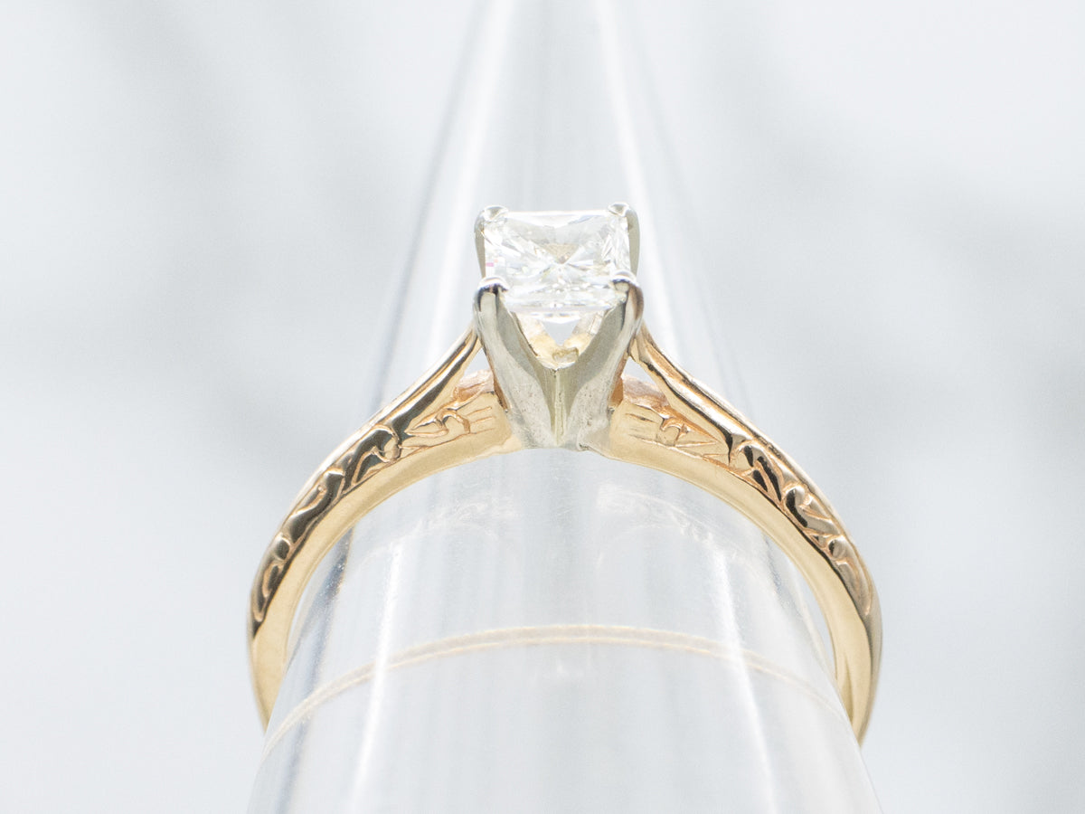Two-Tone Gold Princess Cut Diamond Solitaire Engagement Ring
