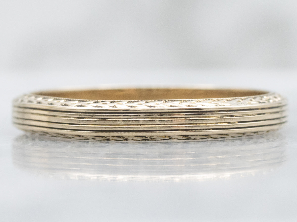 Men's Vintage Gold Band with Forget-Me-Not and Wheat Patterned Edge