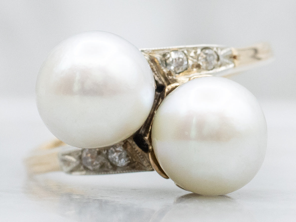Double Pearl and Diamond Antique Bypass Ring