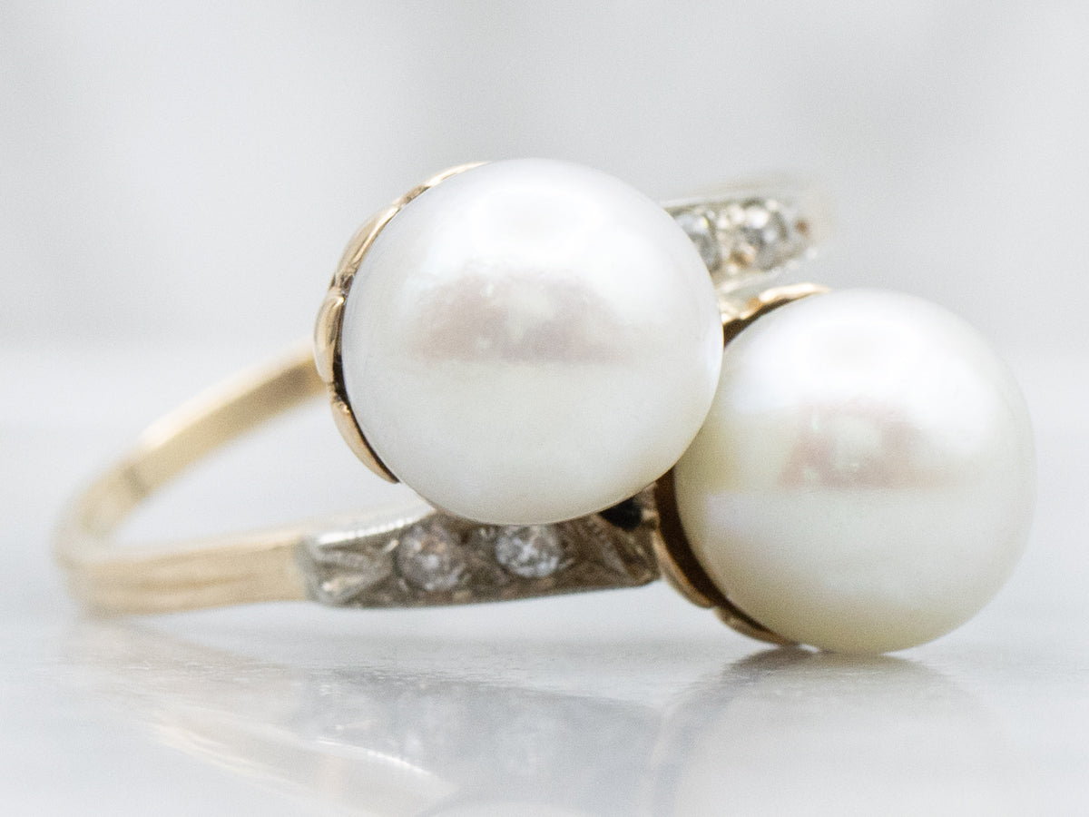 Double Pearl and Diamond Antique Bypass Ring