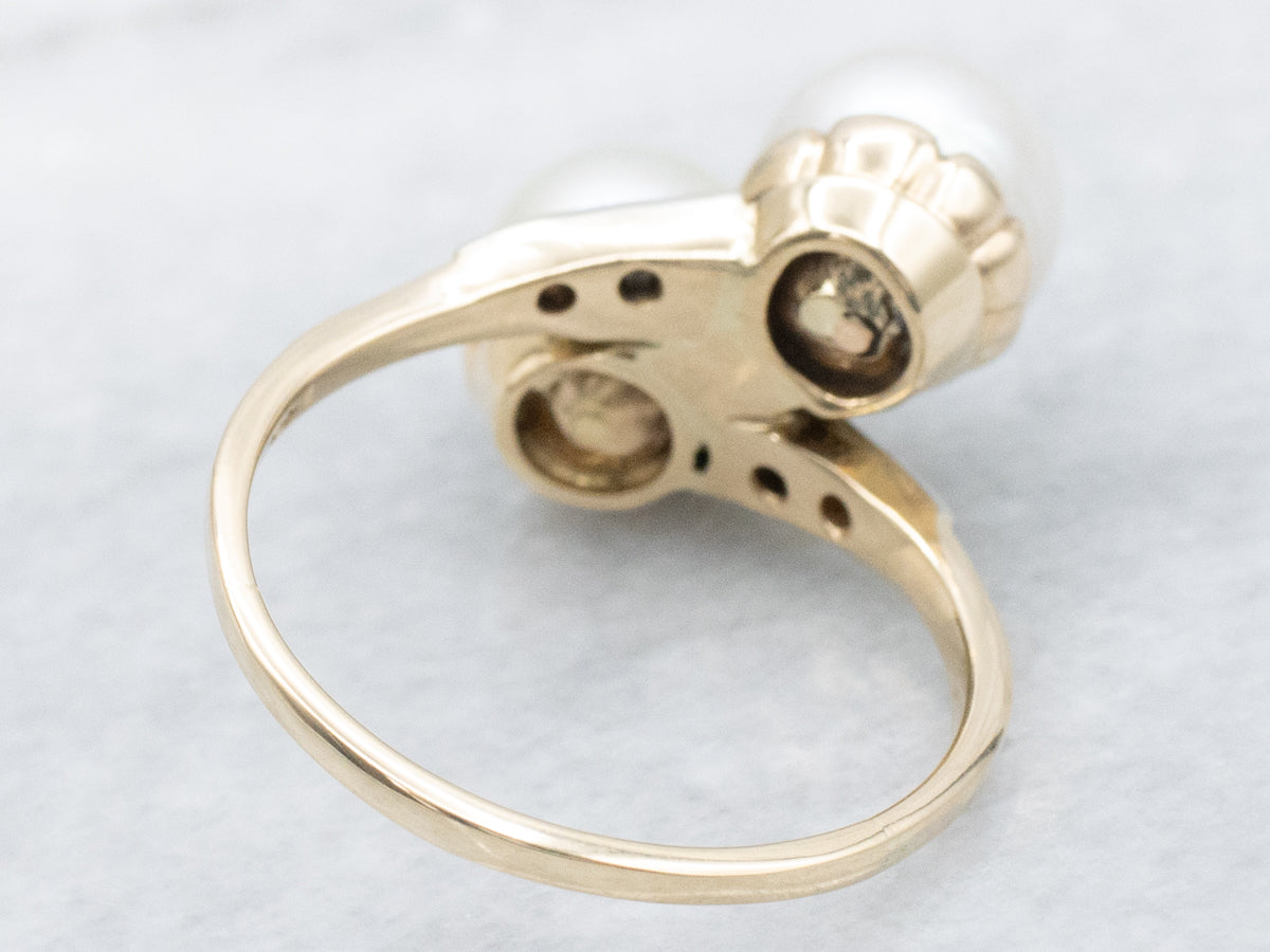 Double Pearl and Diamond Antique Bypass Ring