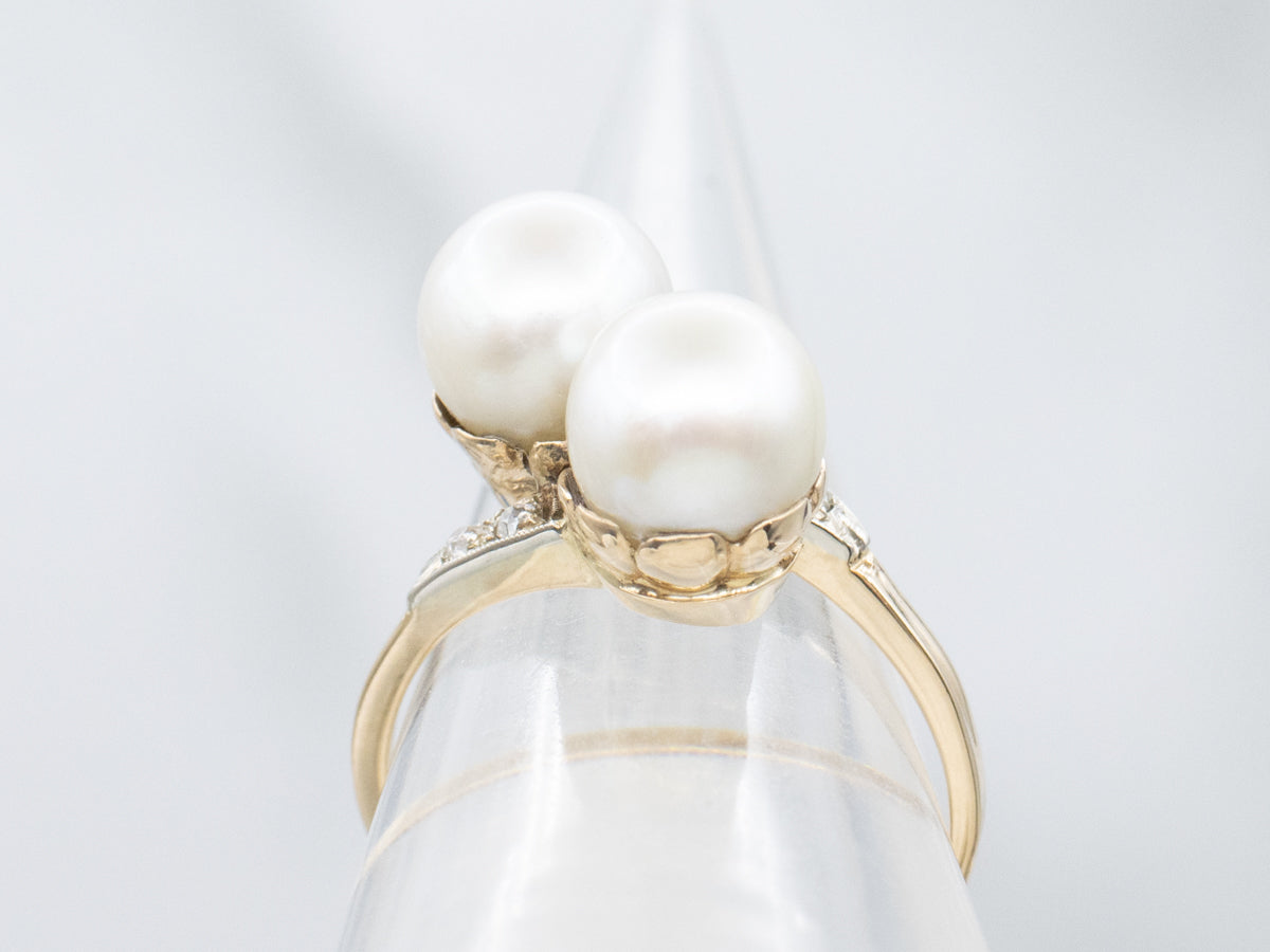 Double Pearl and Diamond Antique Bypass Ring