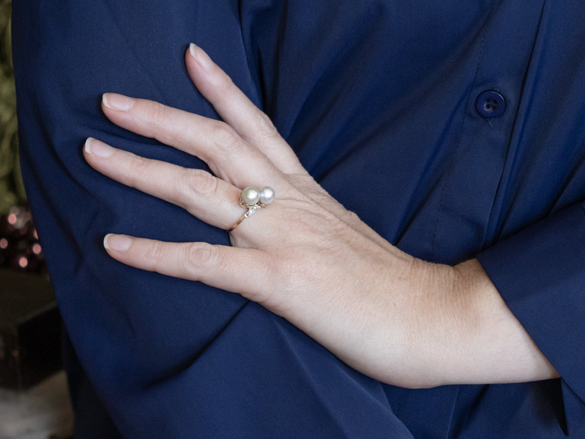 Double Pearl and Diamond Antique Bypass Ring