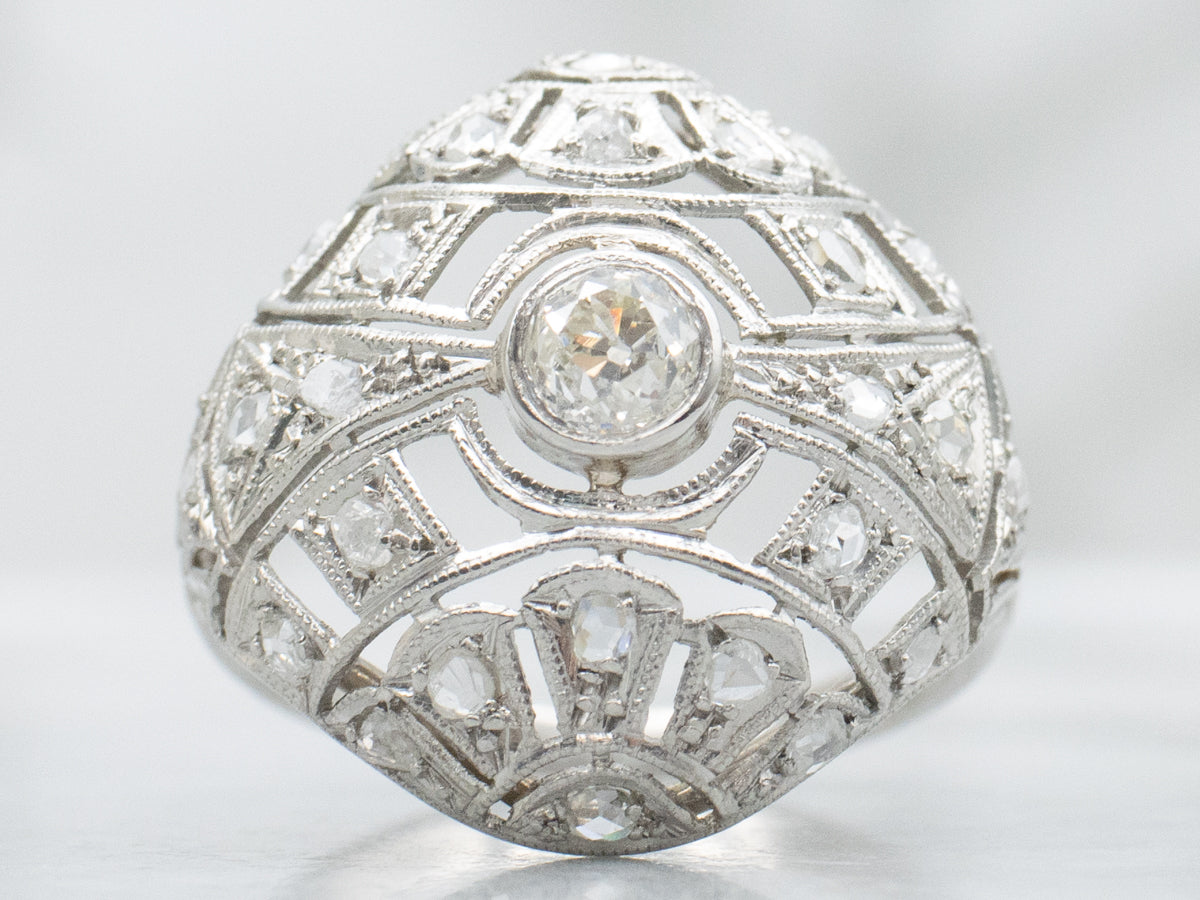 Edwardian Era Old Mine and Rose Cut Diamond Domed Filigree Ring