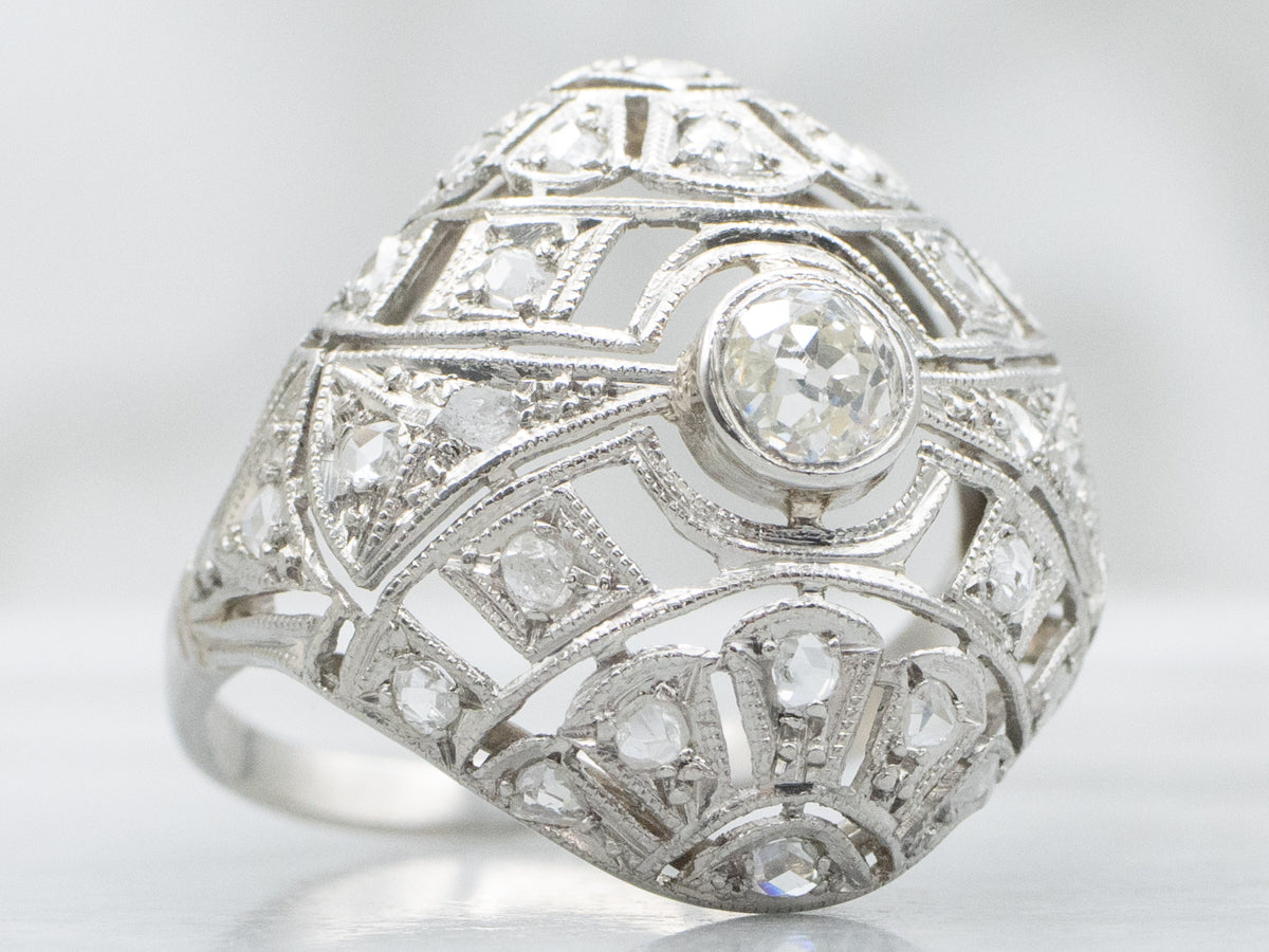 Edwardian Era Old Mine and Rose Cut Diamond Domed Filigree Ring