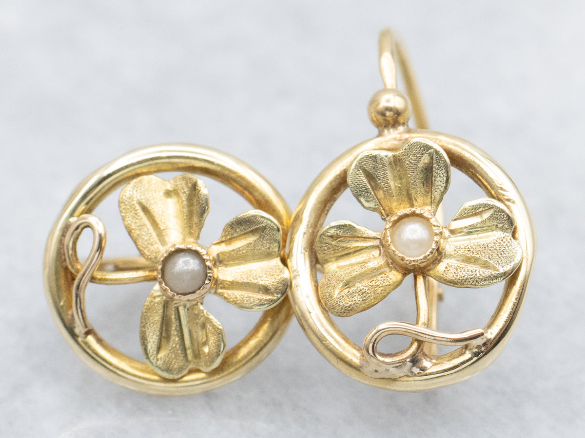 Seed Pearl Vintage Yellow Gold Clover Earrings