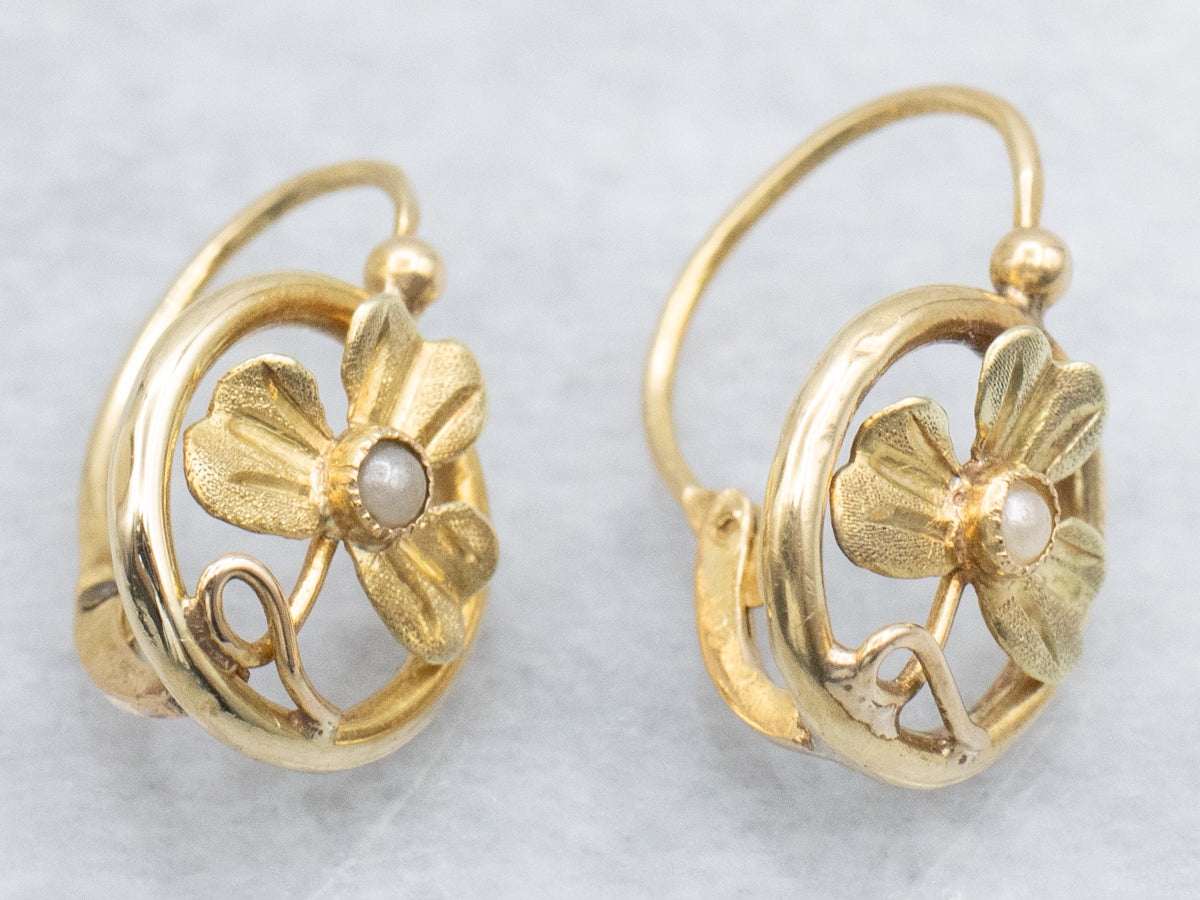 Seed Pearl Vintage Yellow Gold Clover Earrings