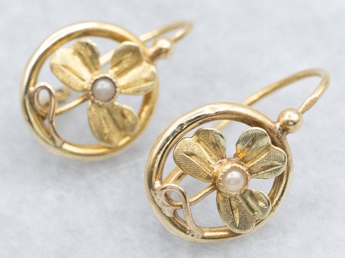 Seed Pearl Vintage Yellow Gold Clover Earrings