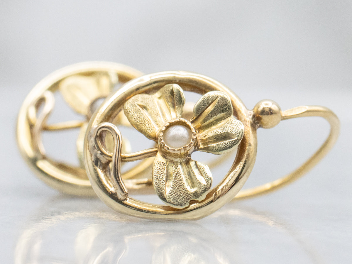 Seed Pearl Vintage Yellow Gold Clover Earrings