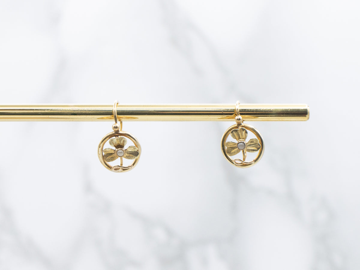 Seed Pearl Vintage Yellow Gold Clover Earrings