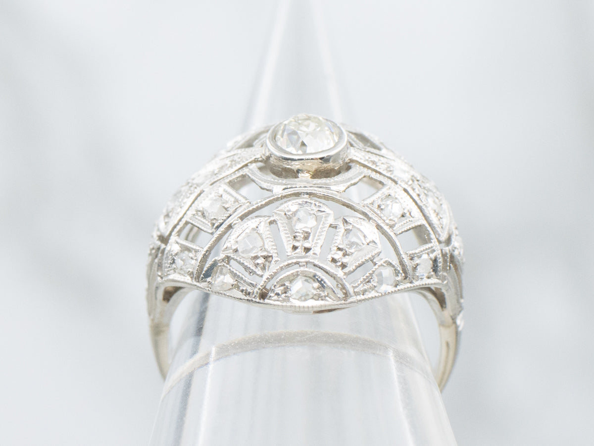 Edwardian Era Old Mine and Rose Cut Diamond Domed Filigree Ring