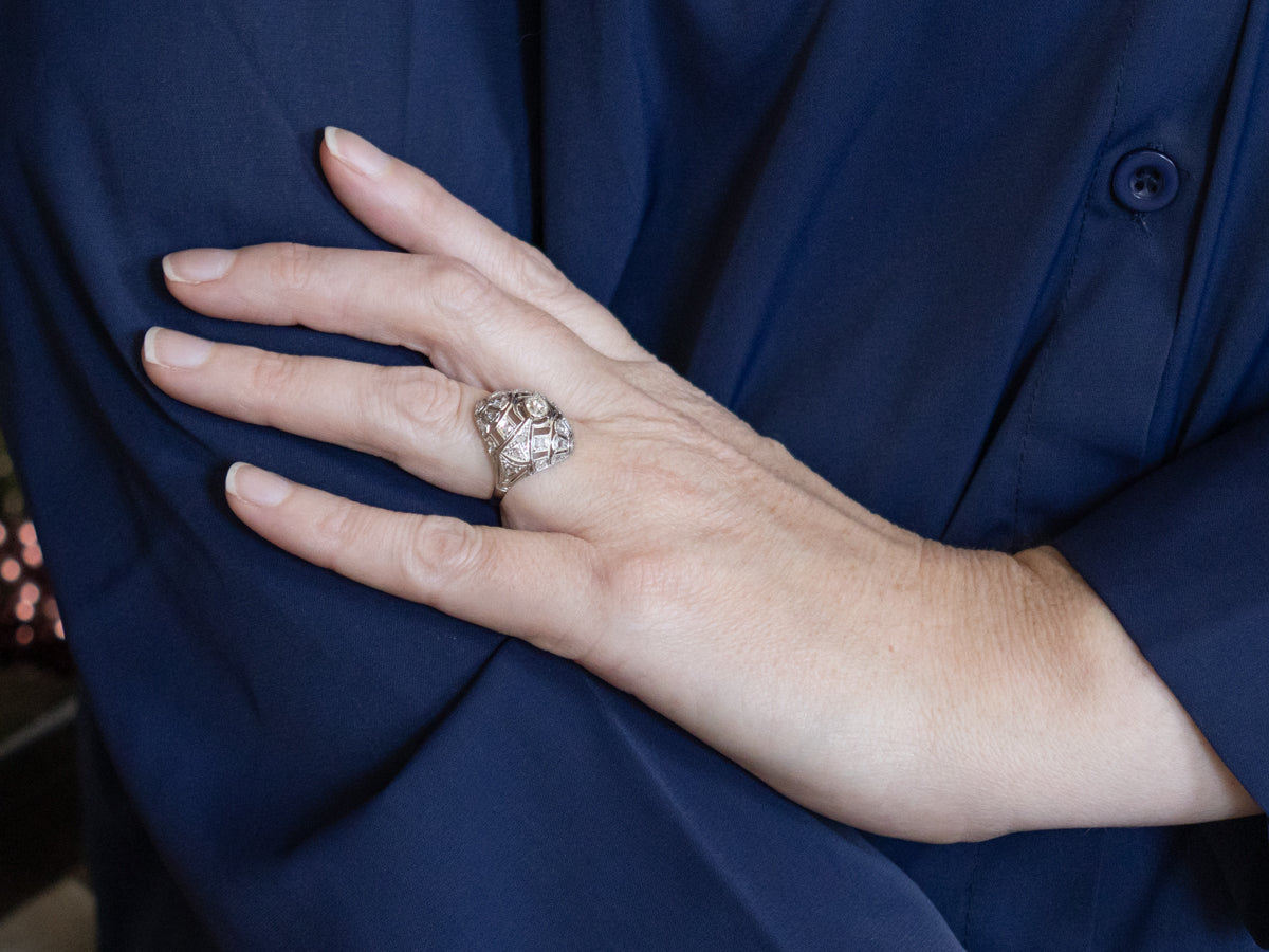 Edwardian Era Old Mine and Rose Cut Diamond Domed Filigree Ring
