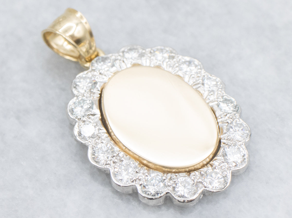 Diamond Halo Two-Tone Gold Signet Pendant