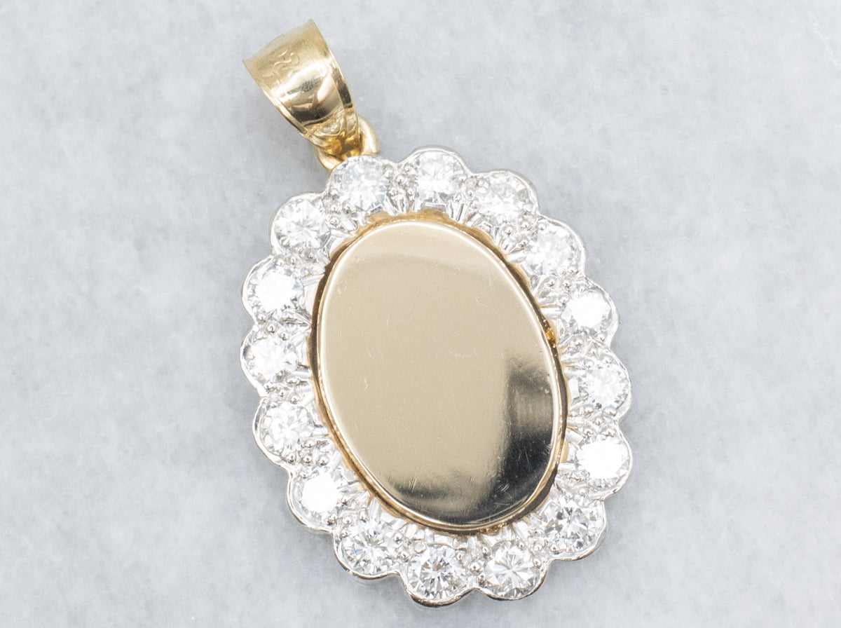 Diamond Halo Two-Tone Gold Signet Pendant