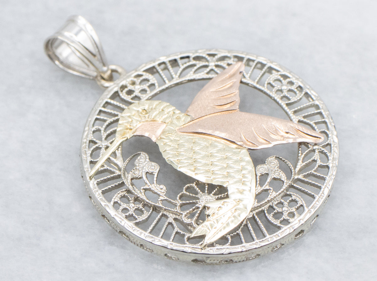 Tri-Color Gold Floral Hummingbird Mix-Era Pendant