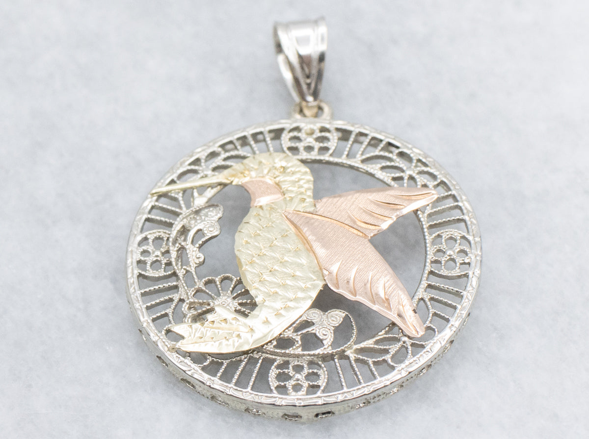 Tri-Color Gold Floral Hummingbird Mix-Era Pendant