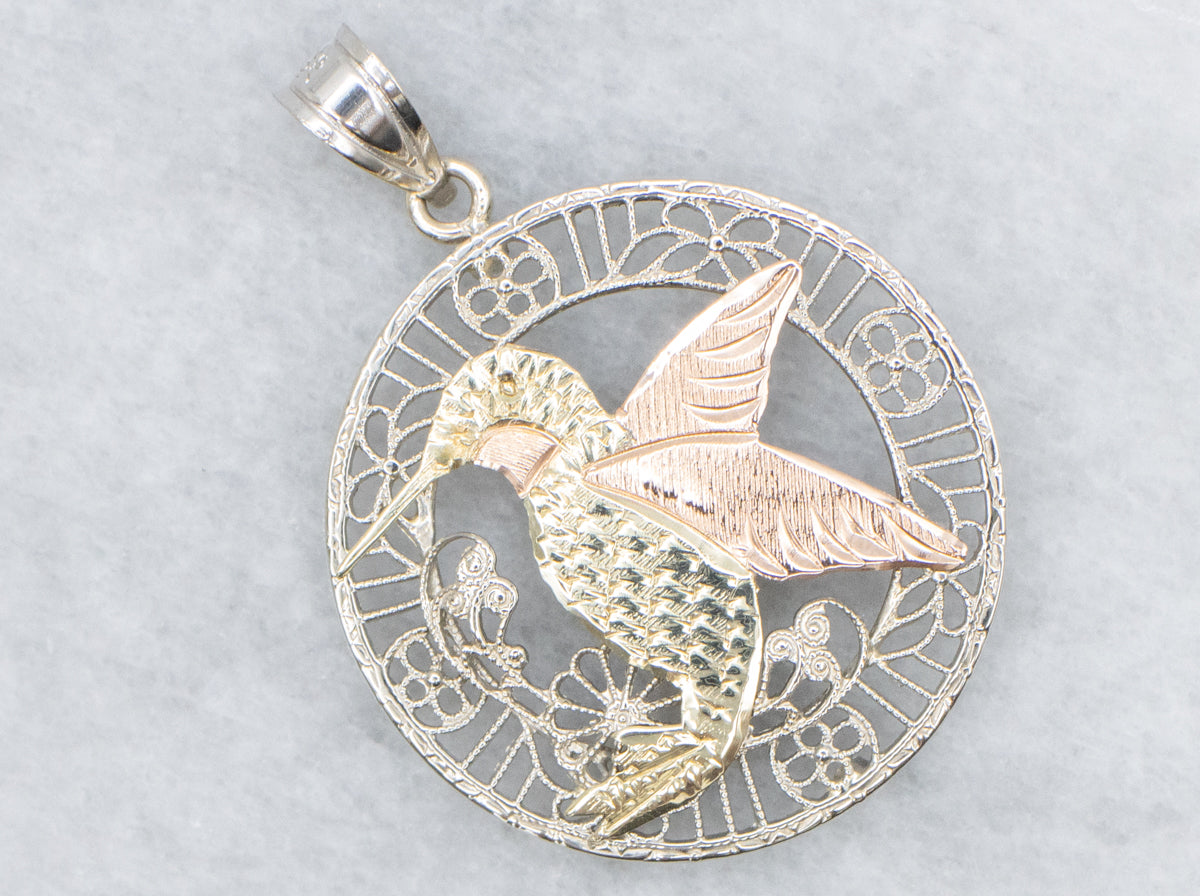 Tri-Color Gold Floral Hummingbird Mix-Era Pendant