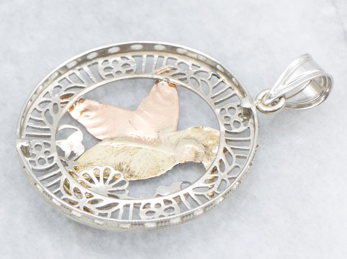 Tri-Color Gold Floral Hummingbird Mix-Era Pendant