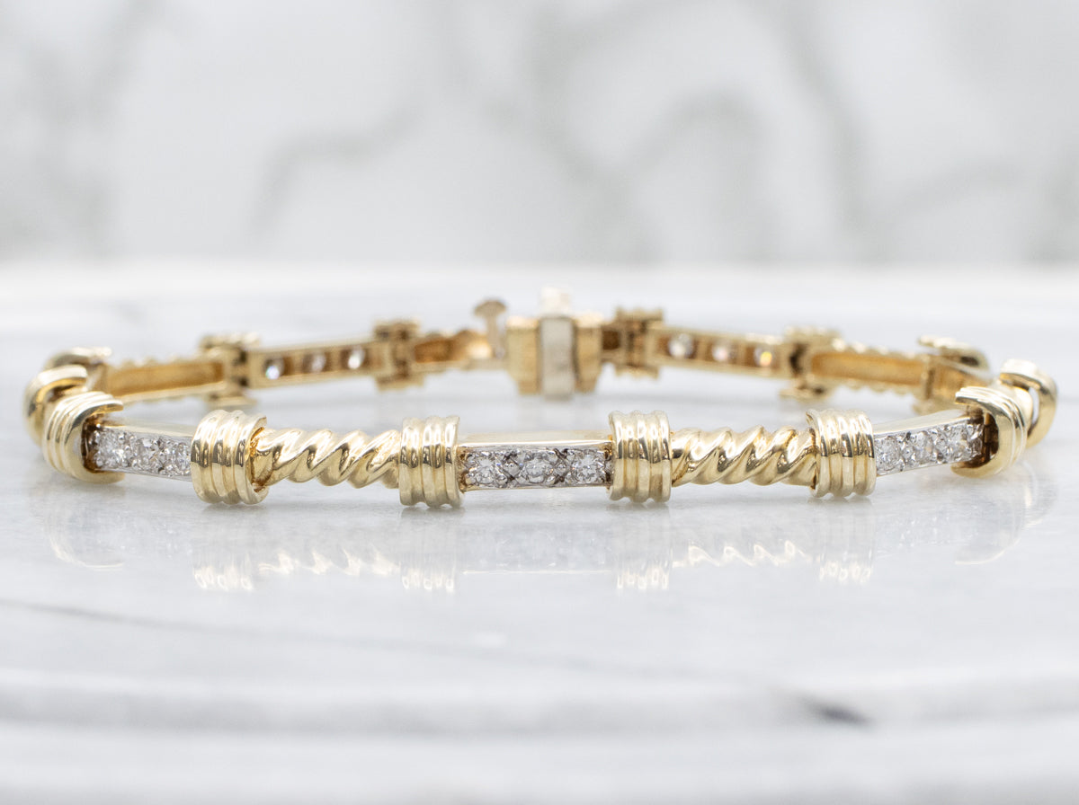 Nautical Diamond Two-Tone Twisted Bar Link Bracelet