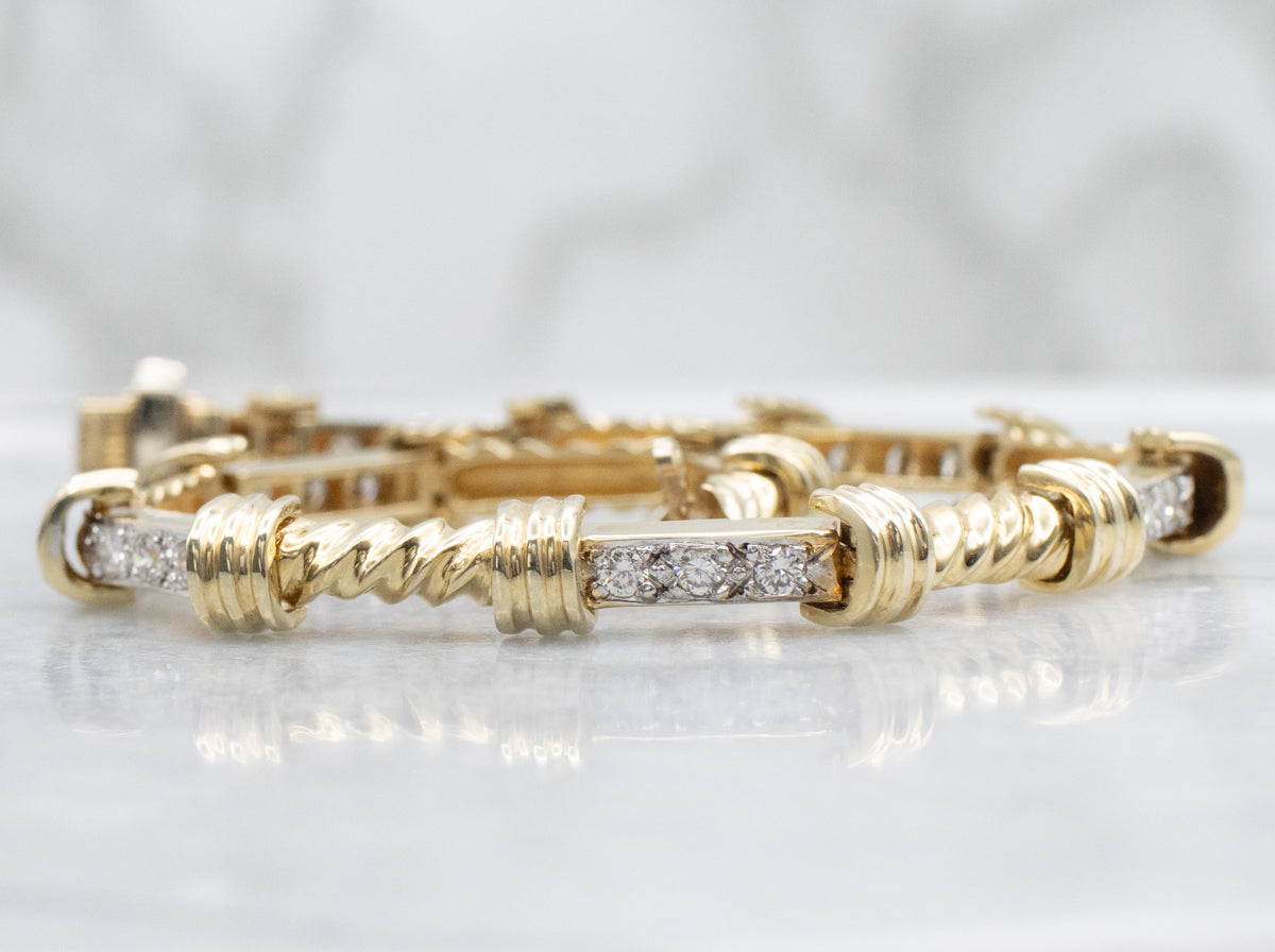 Nautical Diamond Two-Tone Twisted Bar Link Bracelet
