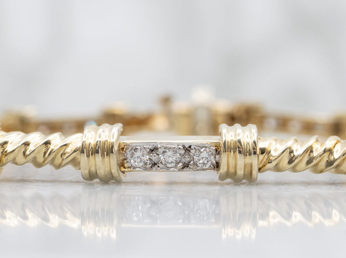 Nautical Diamond Two-Tone Twisted Bar Link Bracelet