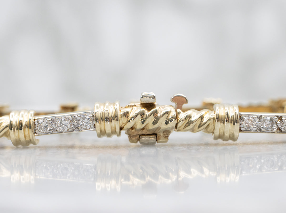 Nautical Diamond Two-Tone Twisted Bar Link Bracelet