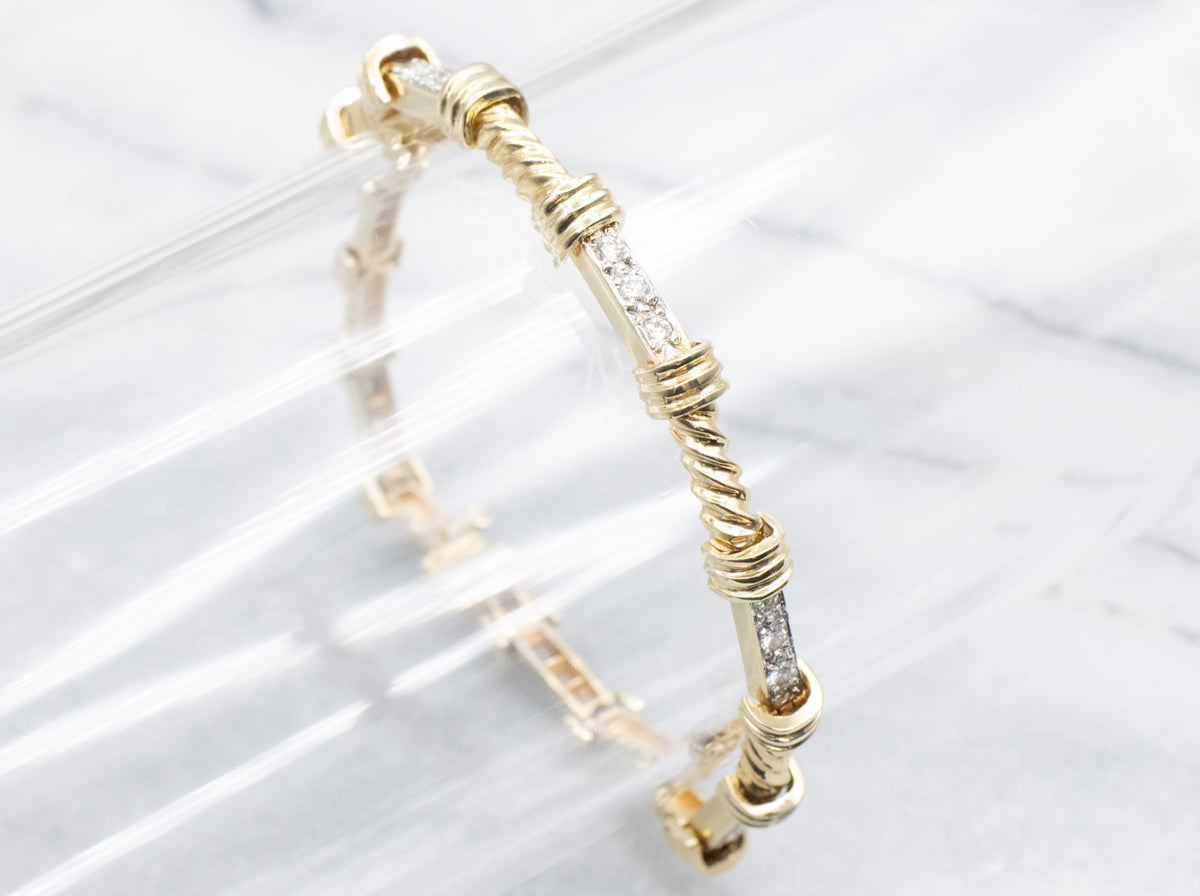 Nautical Diamond Two-Tone Twisted Bar Link Bracelet