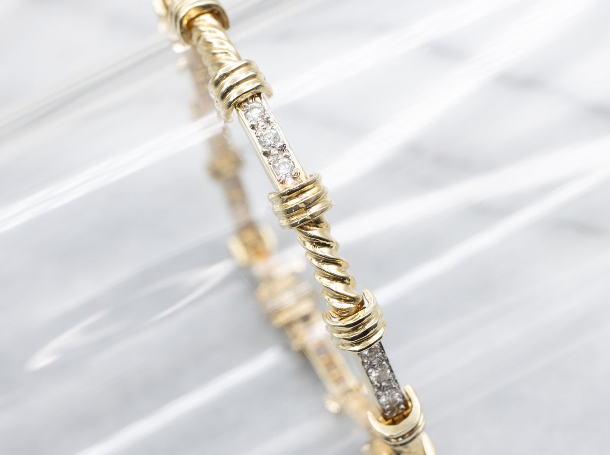 Nautical Diamond Two-Tone Twisted Bar Link Bracelet