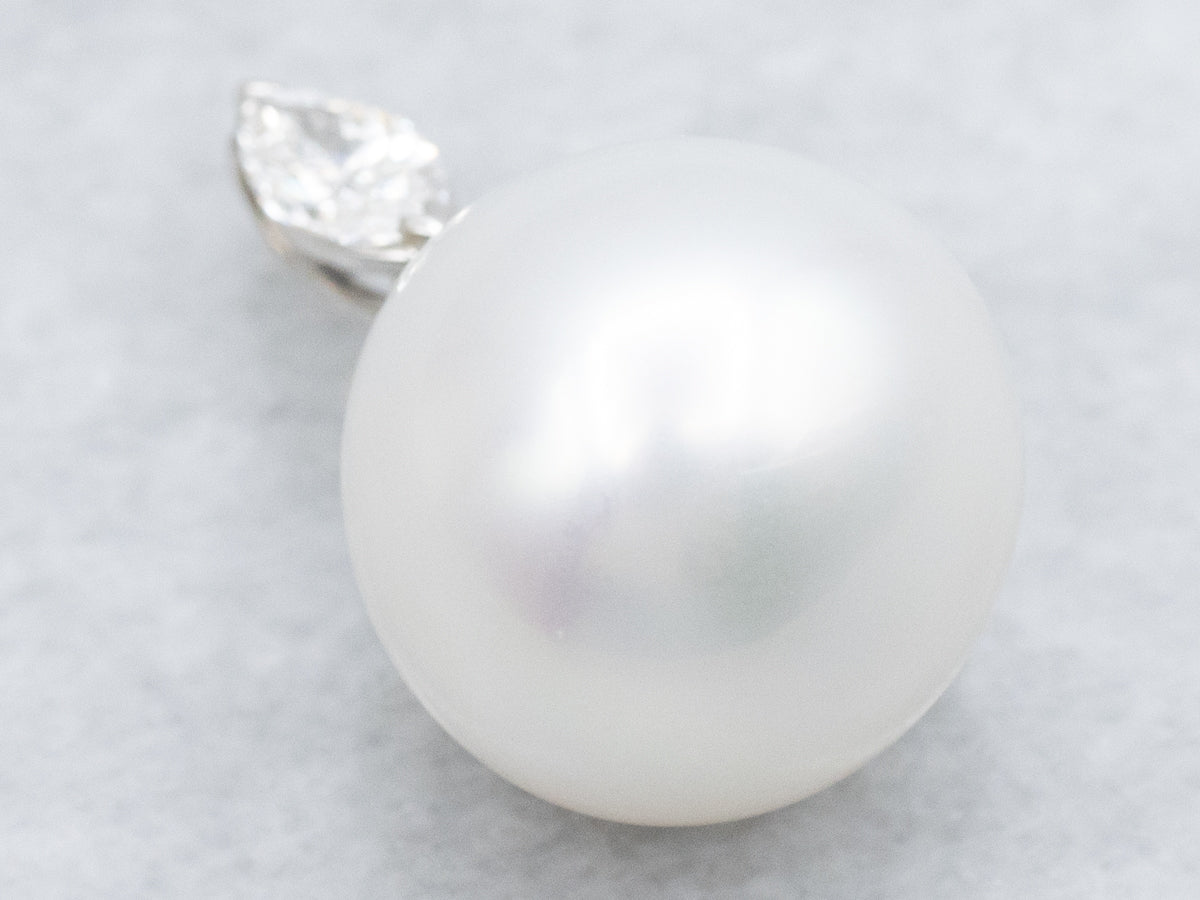 Pearl and Marquise-Cut Diamond White Gold Pendant