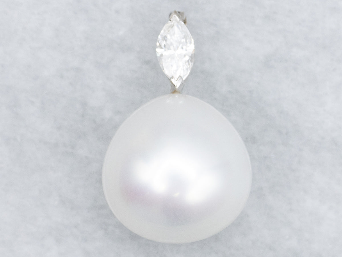 Pearl and Marquise-Cut Diamond White Gold Pendant