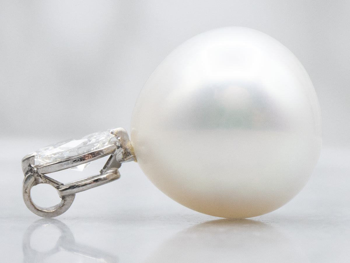 Pearl and Marquise-Cut Diamond White Gold Pendant
