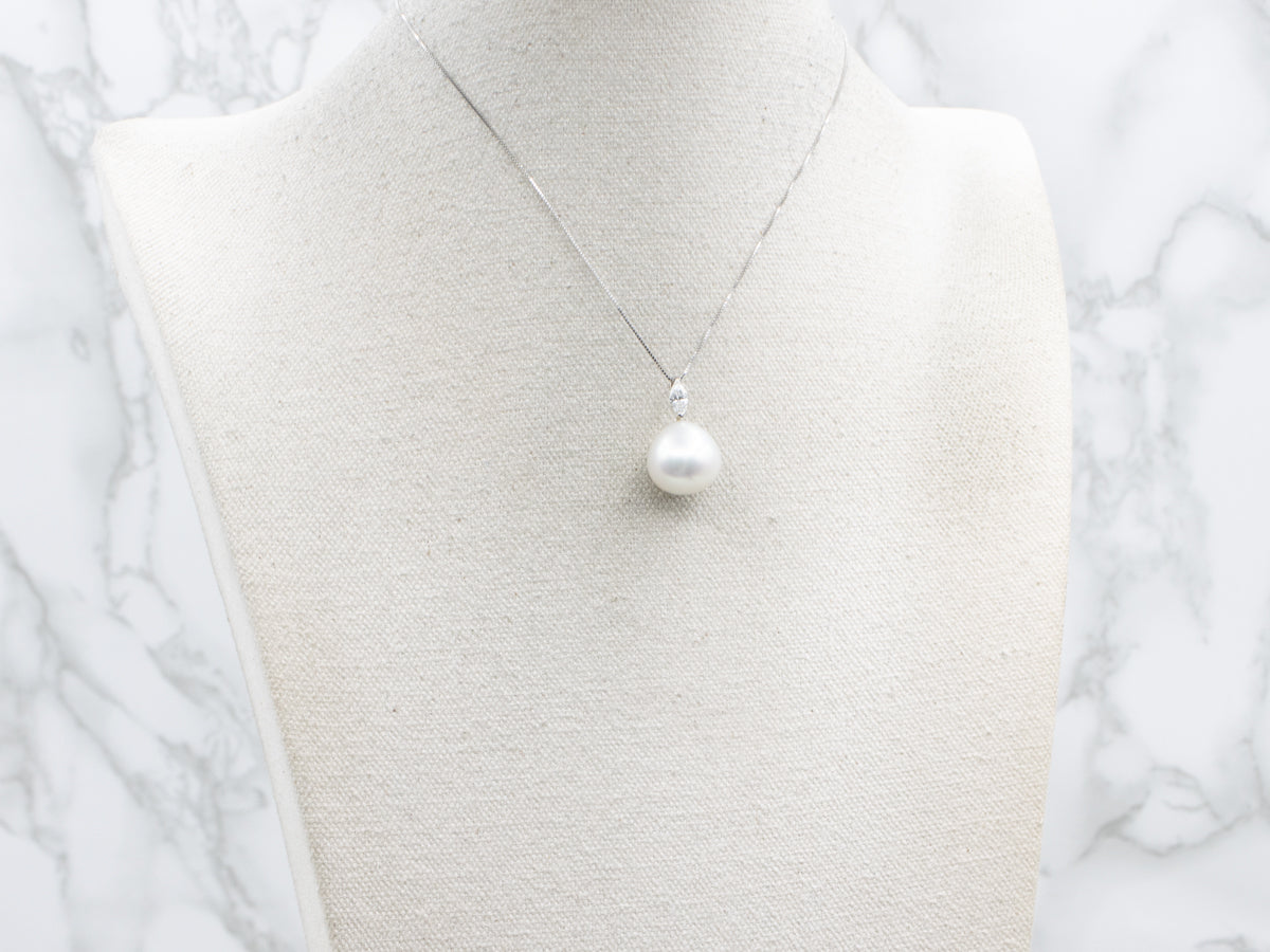 Pearl and Marquise-Cut Diamond White Gold Pendant