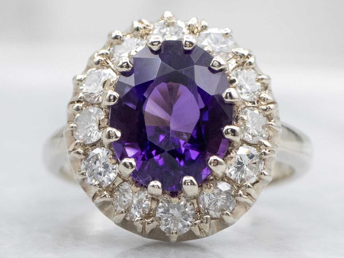 Modern Amethyst and Diamond Halo Cocktail Ring
