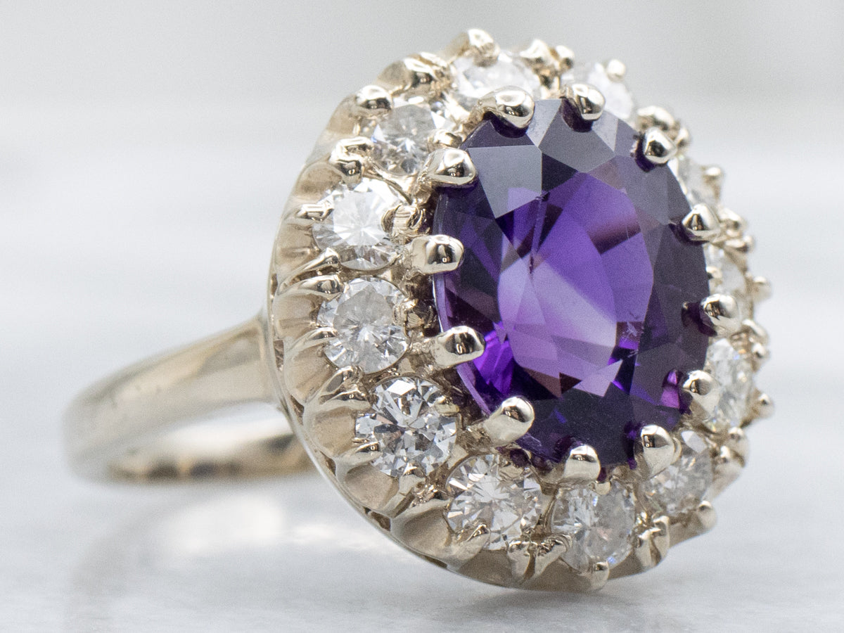 Modern Amethyst and Diamond Halo Cocktail Ring