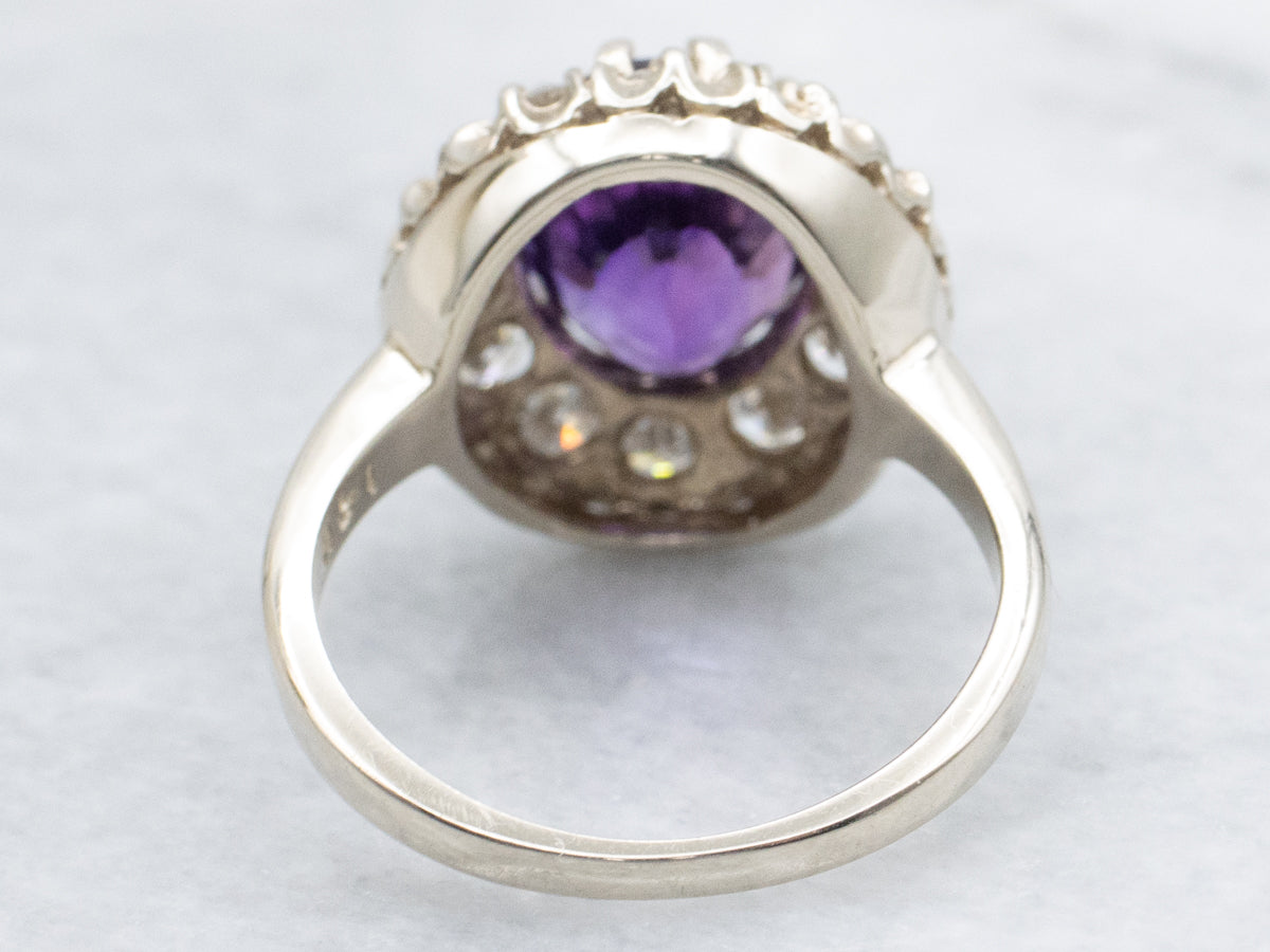 Modern Amethyst and Diamond Halo Cocktail Ring