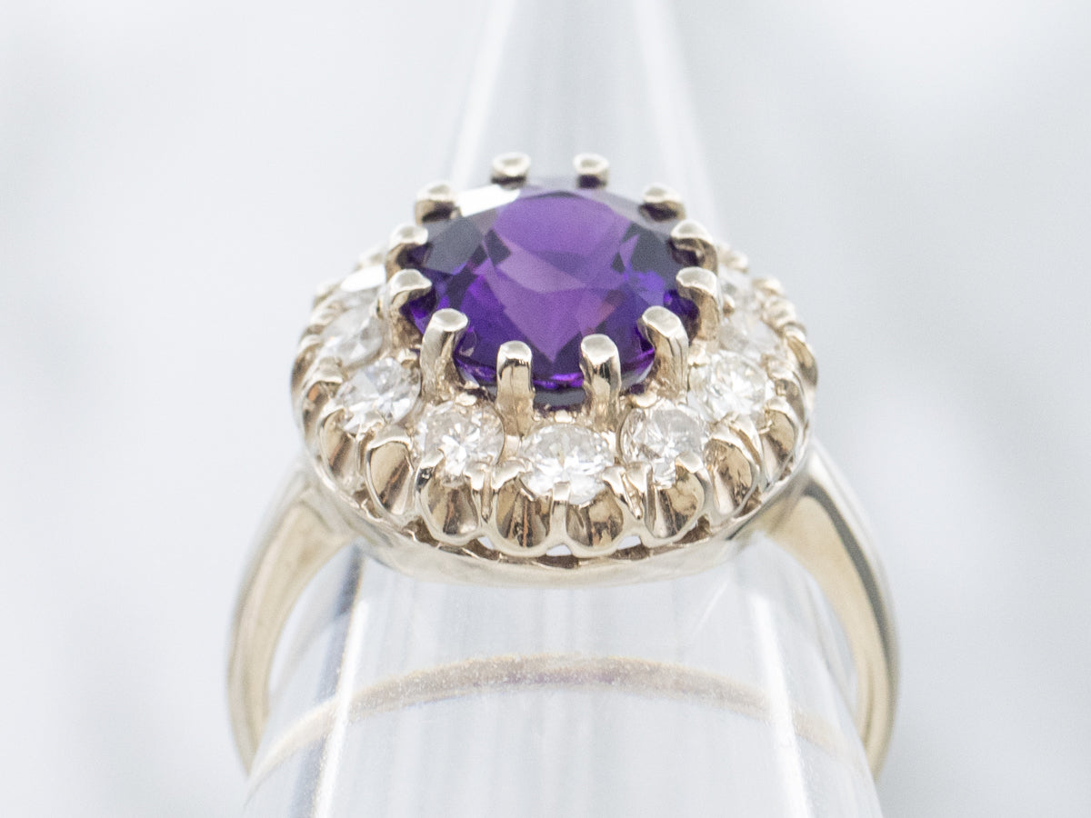 Modern Amethyst and Diamond Halo Cocktail Ring