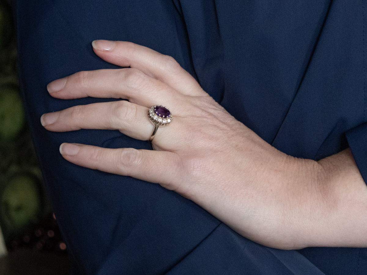 Modern Amethyst and Diamond Halo Cocktail Ring