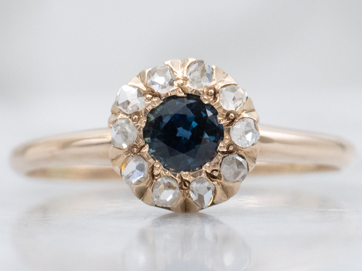 Antique Sapphire and Rose Cut Diamond Halo Ring
