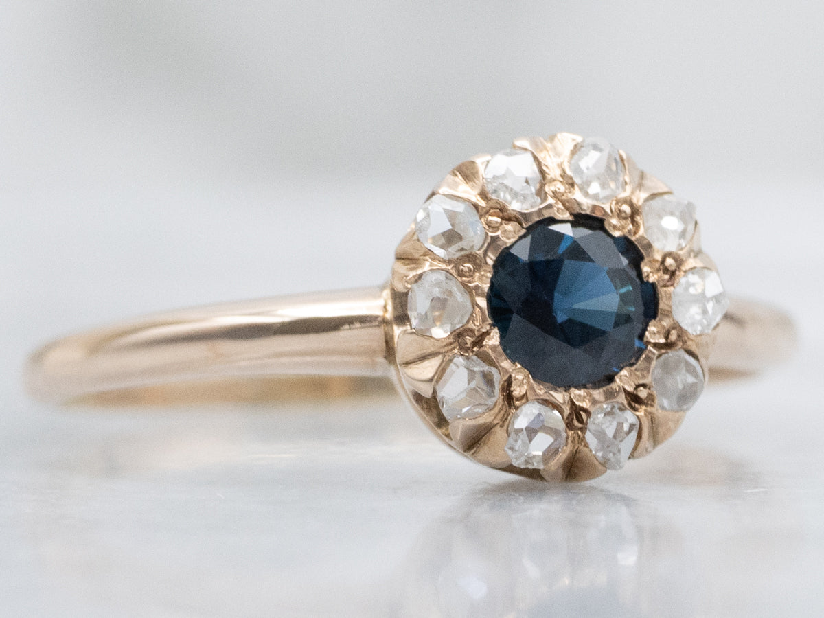 Antique Sapphire and Rose Cut Diamond Halo Ring