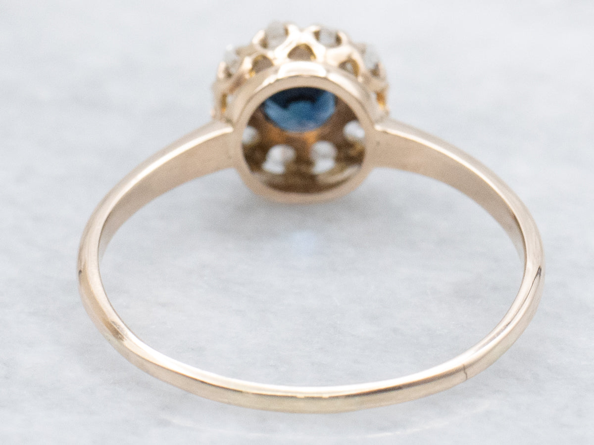 Antique Sapphire and Rose Cut Diamond Halo Ring