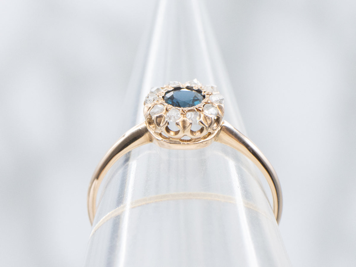Antique Sapphire and Rose Cut Diamond Halo Ring