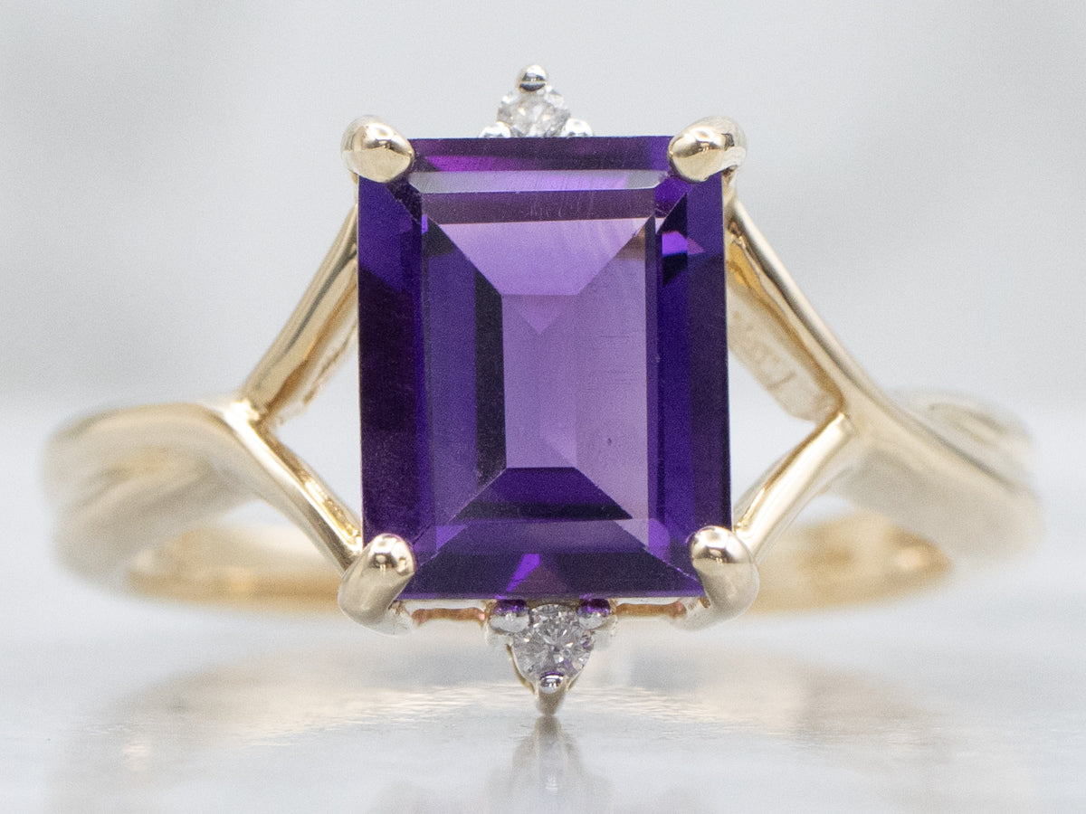 Emerald-Cut Amethyst and Diamond Split Shank Ring