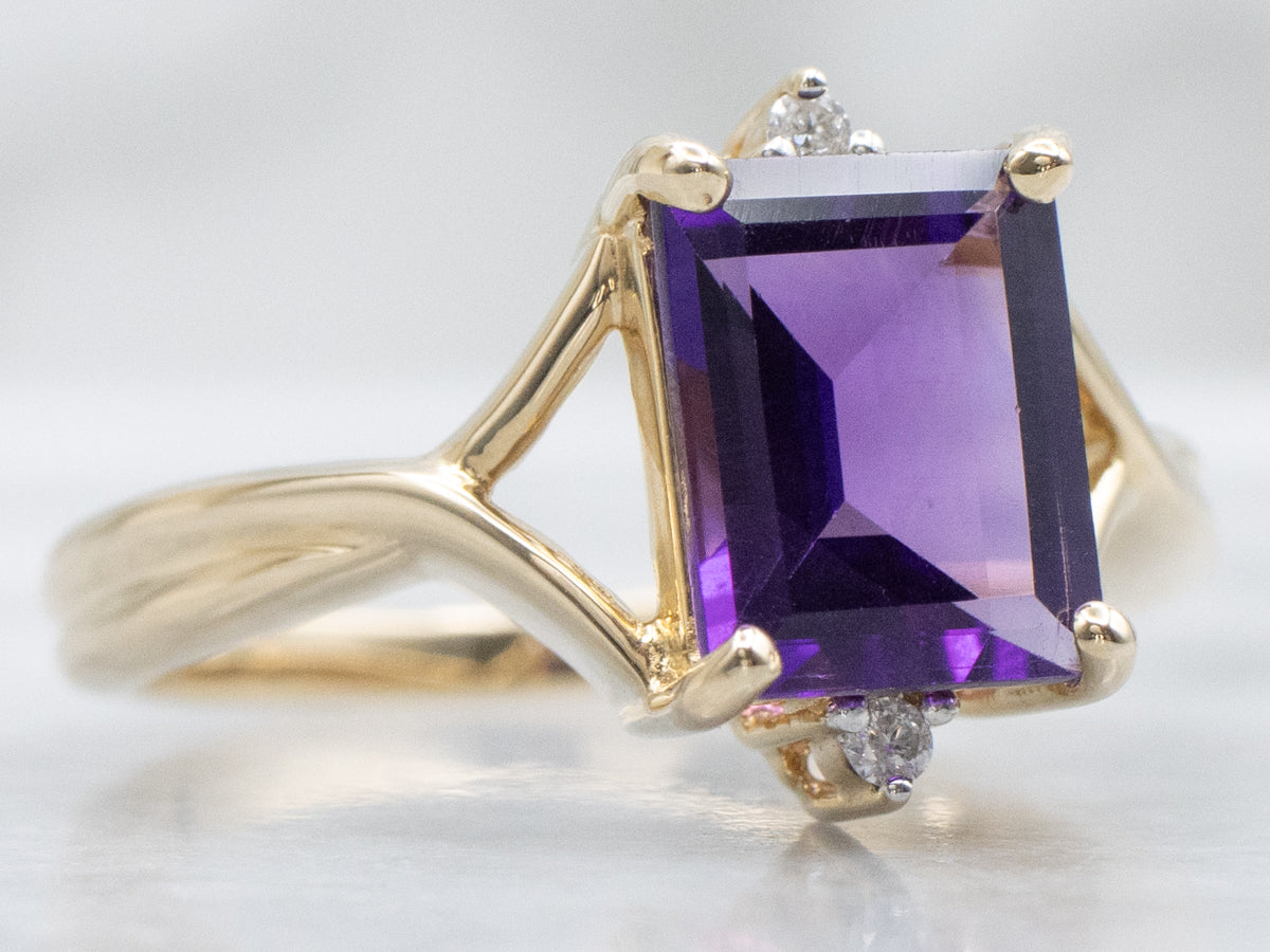 Emerald-Cut Amethyst and Diamond Split Shank Ring