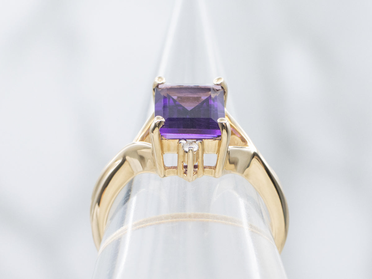 Emerald-Cut Amethyst and Diamond Split Shank Ring