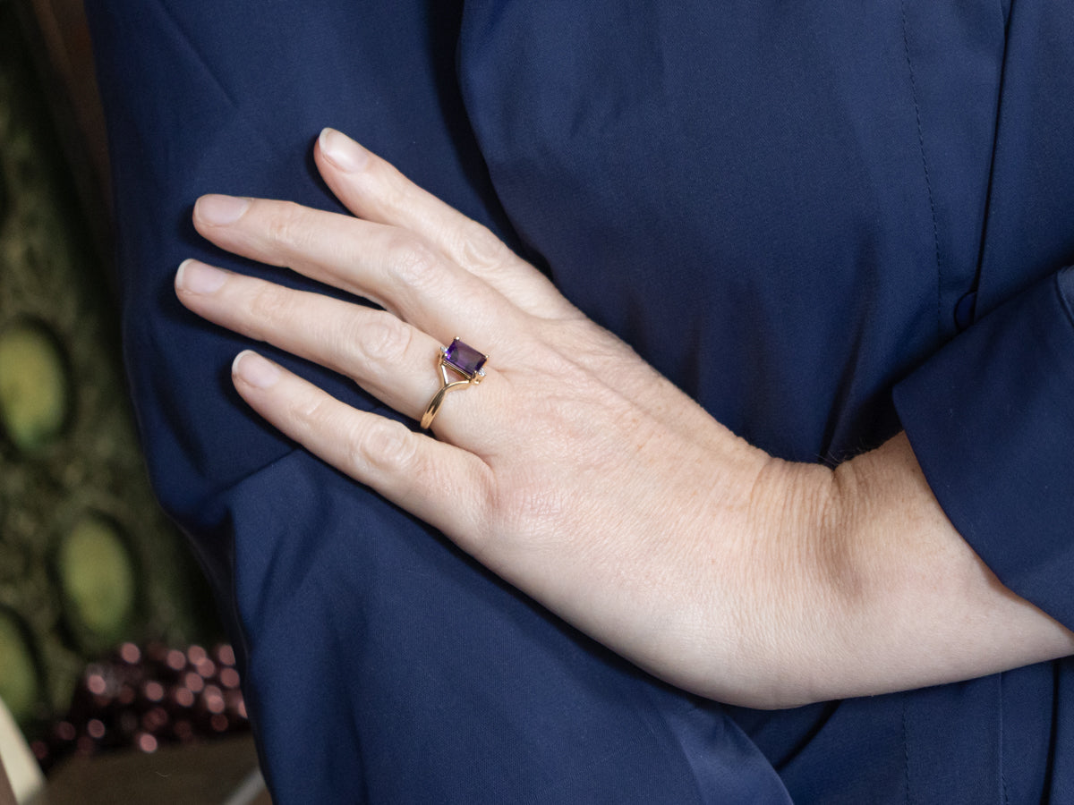 Emerald-Cut Amethyst and Diamond Split Shank Ring