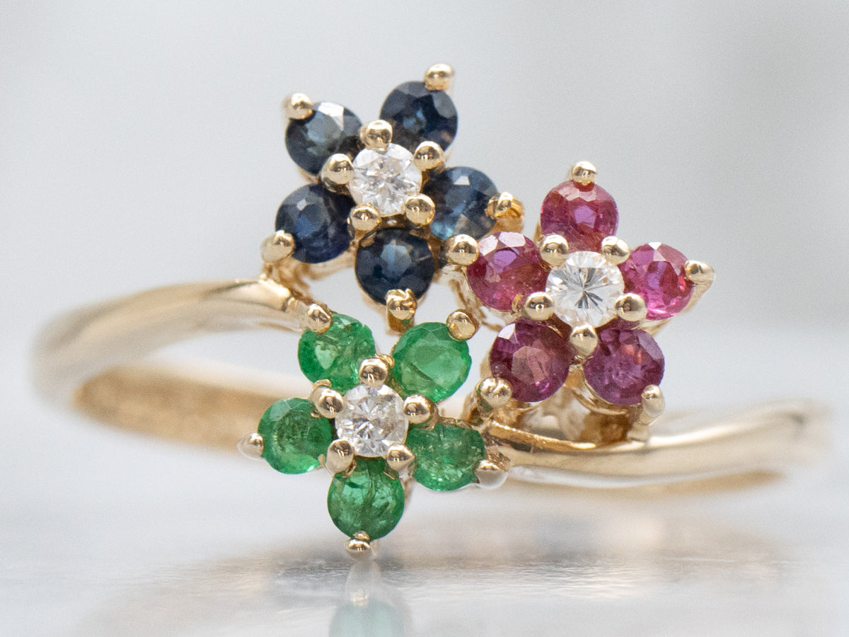 Precious-Gemstone Multi-Flower and Gold Bypass Ring